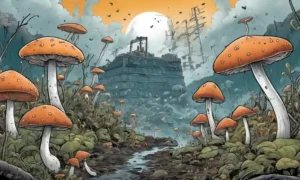 Fungi creciente en medio de la contaminación o daño ambiental con indicios de resiliencia y adaptación.