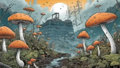 Fungi creciente en medio de la contaminación o daño ambiental con indicios de resiliencia y adaptación.