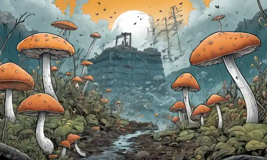 Fungi creciente en medio de la contaminación o daño ambiental con indicios de resiliencia y adaptación.