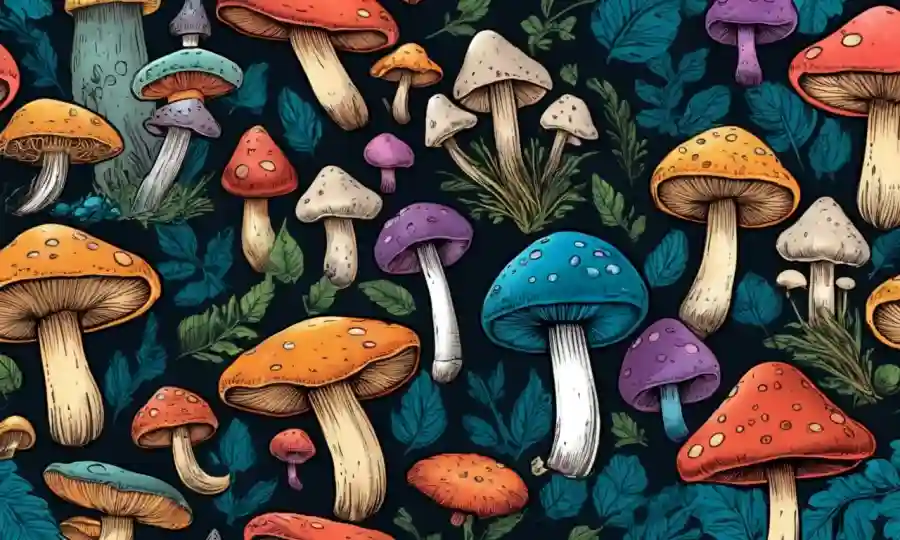 Una variedad de hongos en diferentes formas y colores que se destacan con flechas.