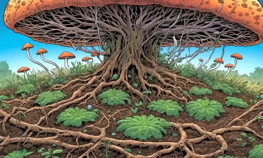 Una red fúngica descompone la materia orgánica en el suelo.