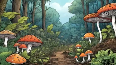 Foto de diversas especies de hongos que crecen entre plantas en un bosque entre elementos naturales.