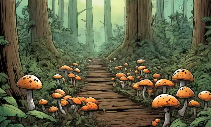 Esporas de hongos saproxilicos que crecen en madera descompuesta en medio de bosques exuberantes.