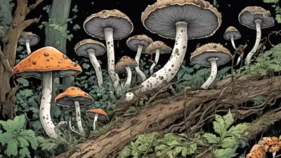 Imagen con varios tipos de hongos creciendo en la desintegración de materia orgánica.