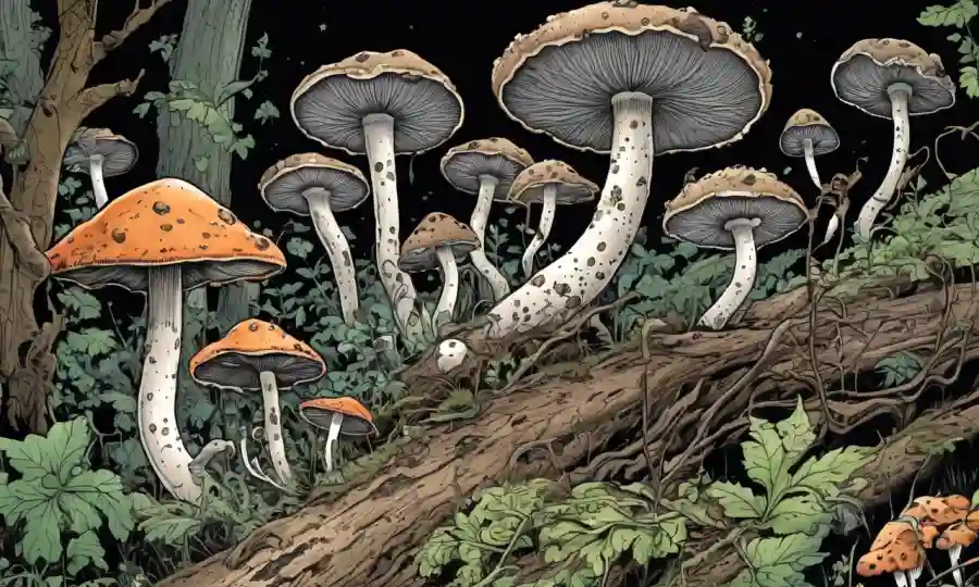 Imagen con varios tipos de hongos creciendo en la desintegración de materia orgánica.