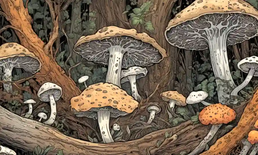 Una vista microscópica de hongos creciendo en materia orgánica descompuesta.