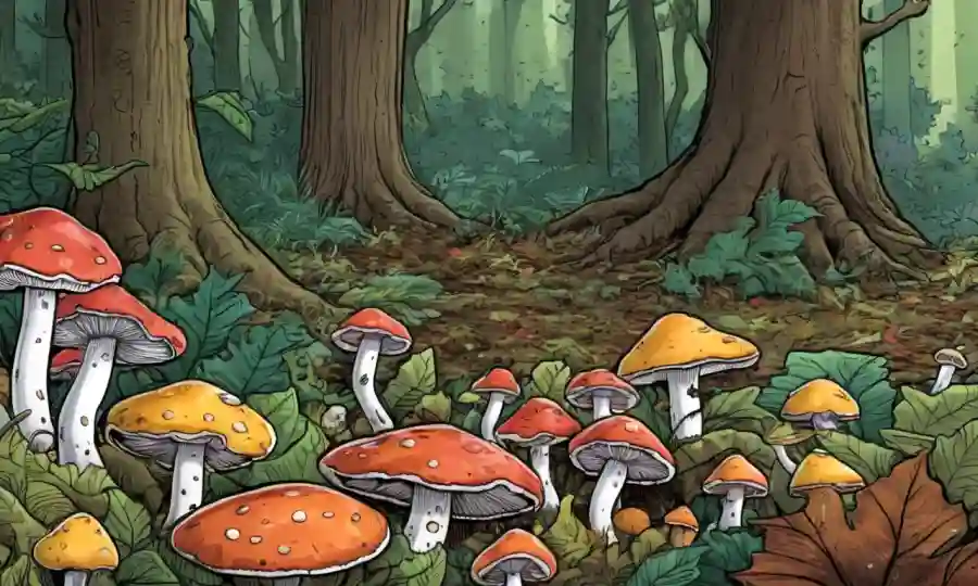 ilustraciones coloridas de varios tipos de hongos en un fondo de hojas de árboles y suelo de bosque.
