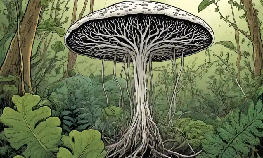 Ilustración de hifas fúngicas rodeadas de vegetación, simbolizando la importancia de las saprobes en los ecosistemas.