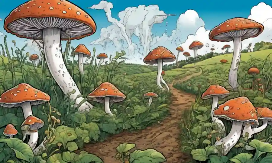 Ilustración científica de hongos simbióticos rodeados de datos agrícolas y biológicos.