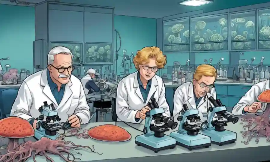 Investigadores que estudian hongos simbióticos en un laboratorio con microscopios y placas de crecimiento.