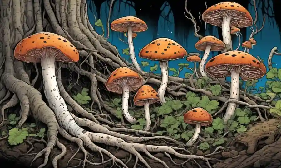 Ilustración de varios hongos creciendo en o en raíces vegetales, destacando sus relaciones simbióticas.