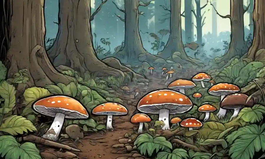 Crecimiento de hongos en el suelo forestal rodeado de indicadores del cambio climático.