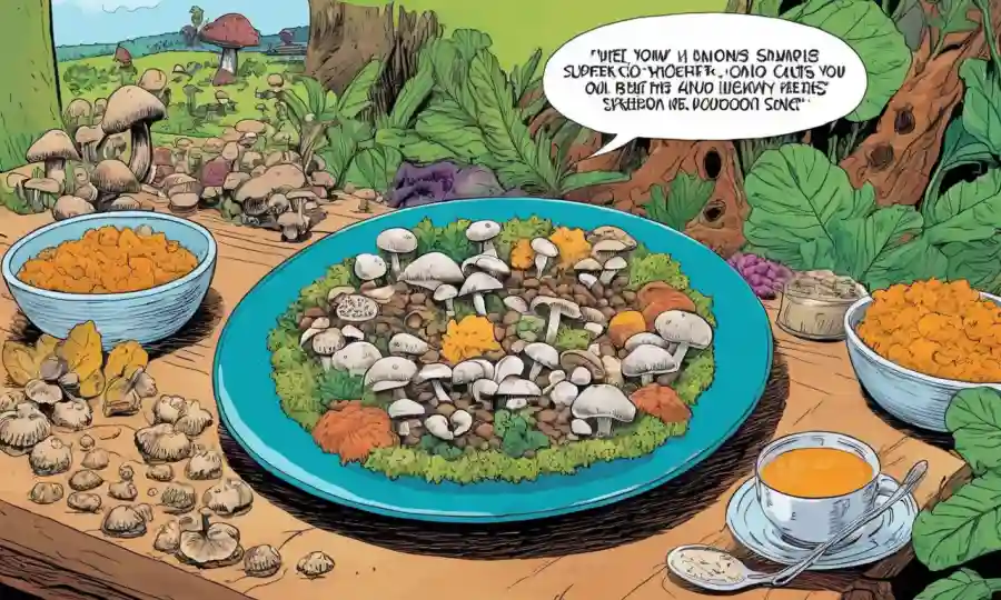 Una placa colorida de hongos superalimentarios junto con información nutricional y leyendas de texto.