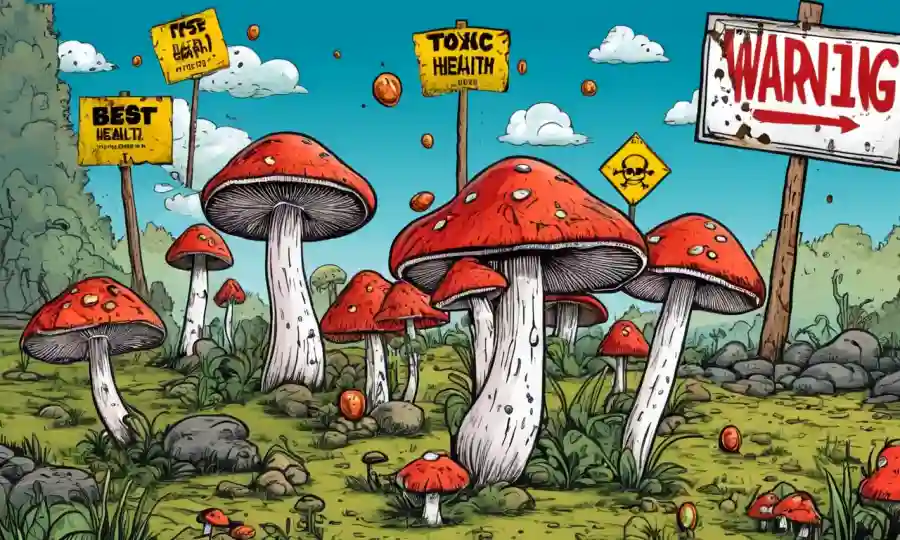 Ilustración de setas tóxicas con señales de advertencia e iconos de salud.