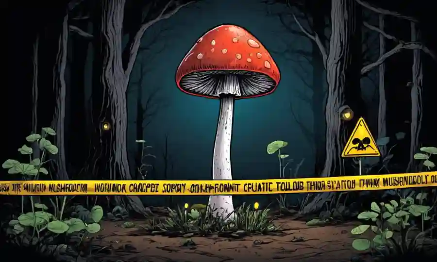 Un hongo creciendo en la oscuridad con cinta advertida y señales de advertencia que la rodean, destacando su toxicidad.