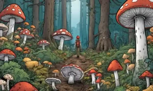 Una persona de pie en un bosque rodeado de diversos tipos de hongos.