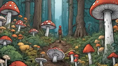 Una persona de pie en un bosque rodeado de diversos tipos de hongos.