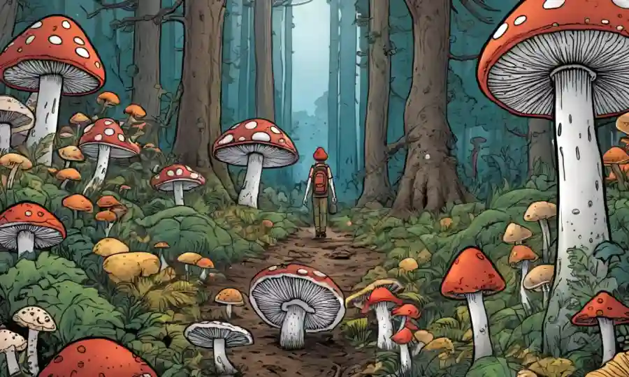 Una persona de pie en un bosque rodeado de diversos tipos de hongos.