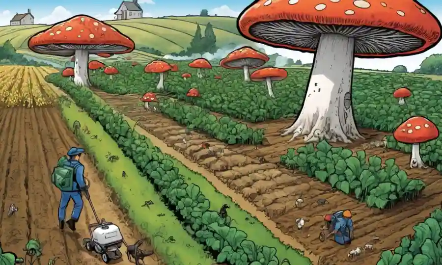Las ilustraciones de hongos rodeados de campos agrícolas y conceptos de control de plagas.