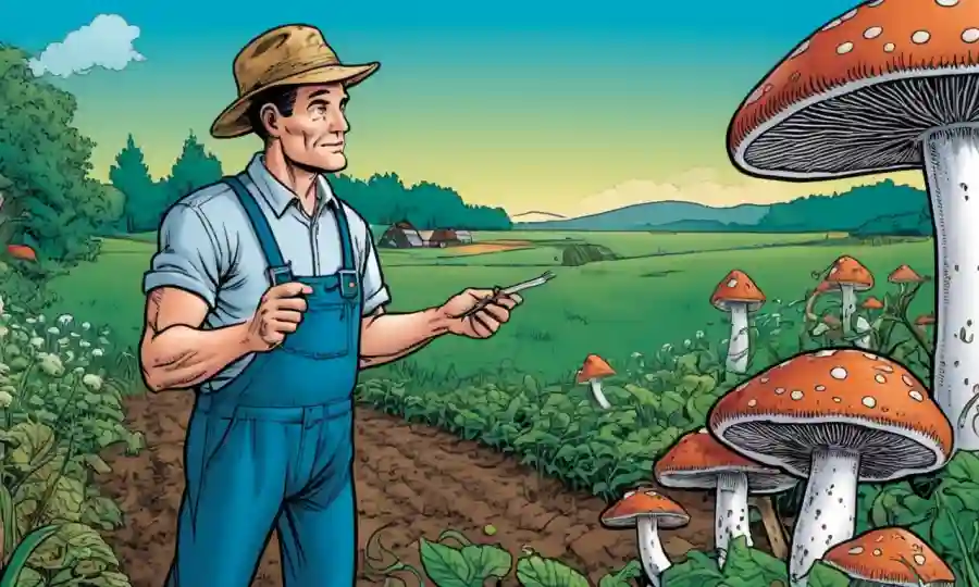 Un agricultor que examina los controles biológicos de plagas, con hongos creciendo en el fondo.