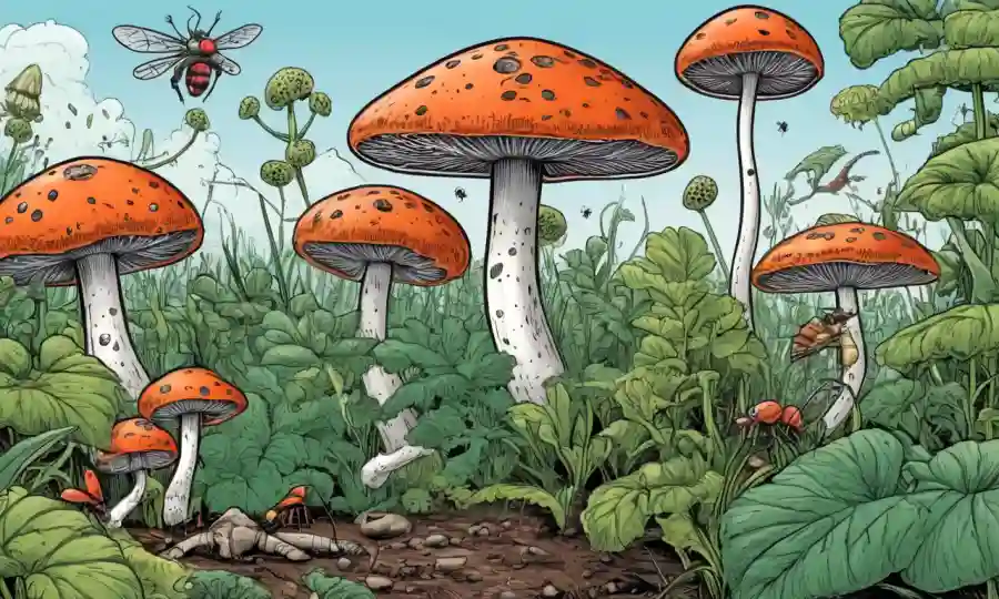 Fungi creciendo en plantas con insectos evitando cerca para simbolizar el control de plagas.