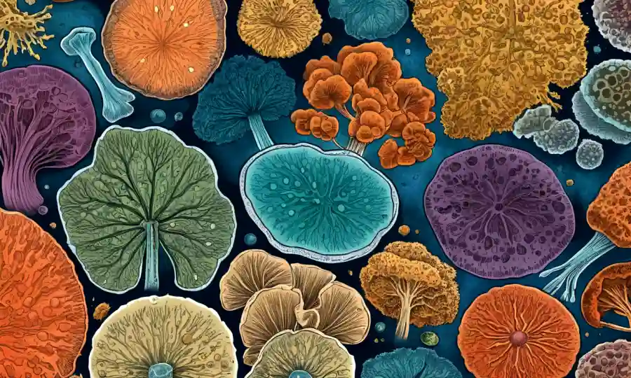 Imagen microscopio de varios tipos de células hongos.