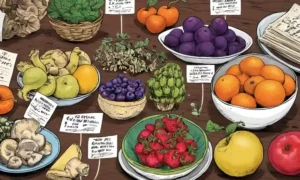Setas coloridas y fruta sobre una mesa