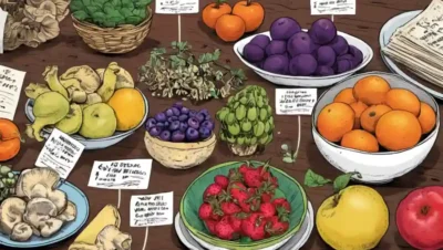 Setas coloridas y fruta sobre una mesa