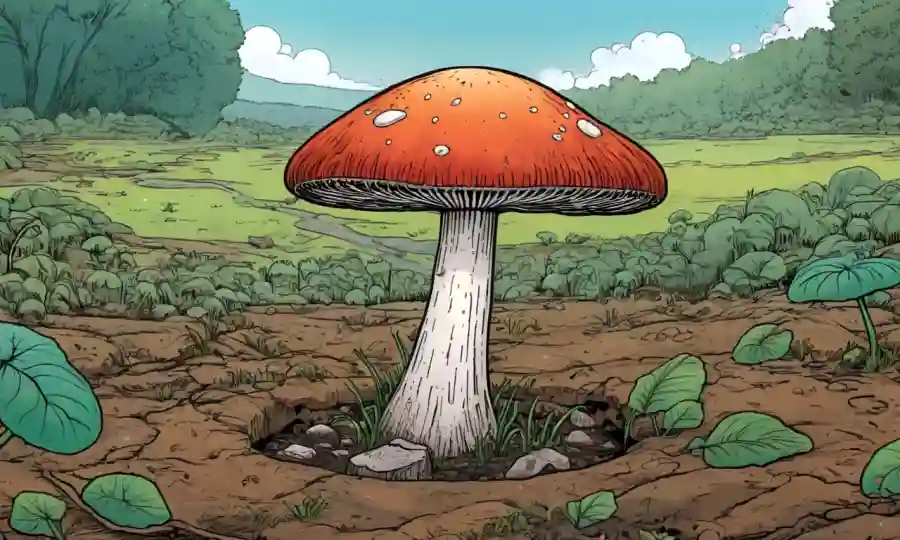 Un hongo creciendo en medio de un paisaje impactado por el cambio climático.