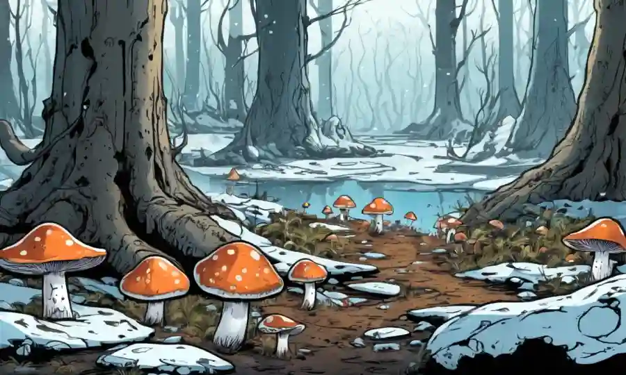 Un suelo de bosque con hongos creciendo en medio de la fusión de hielo y árboles climatizados.