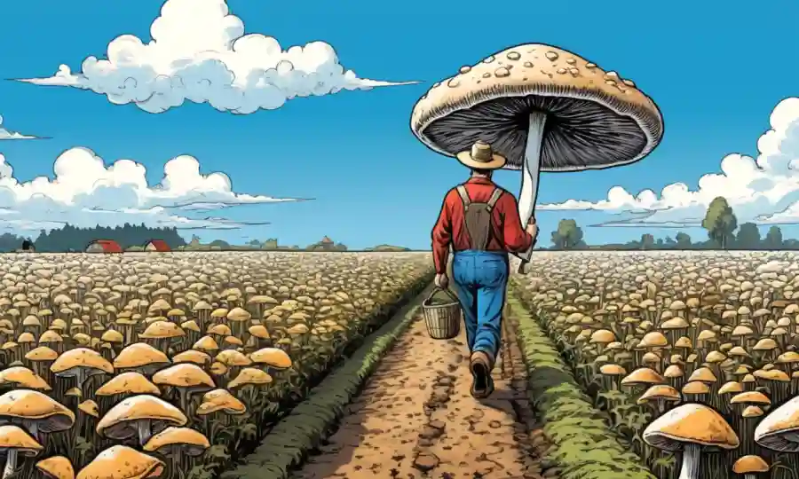 Granjero caminando entre campos llenos de hongos bajo un soleado cielo.