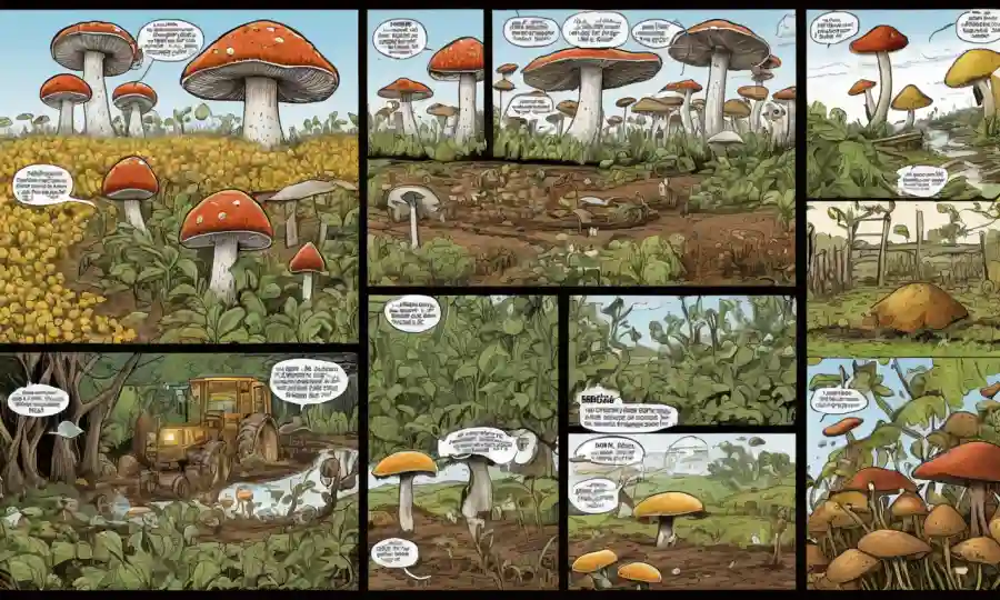 Figuras de concepto agrícola basadas en hongos con notas y diagramas.