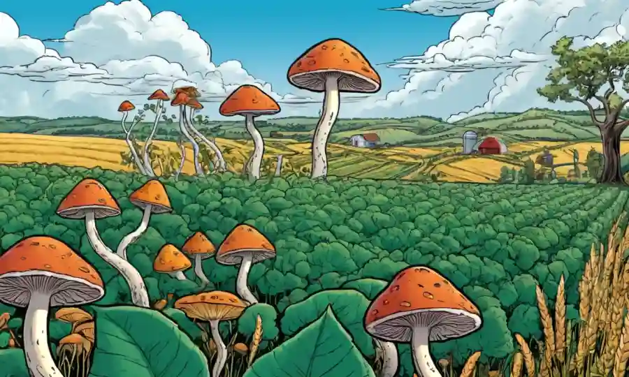 Crecimiento de hongos entrelazado con cultivos en medio del paisaje agrícola.