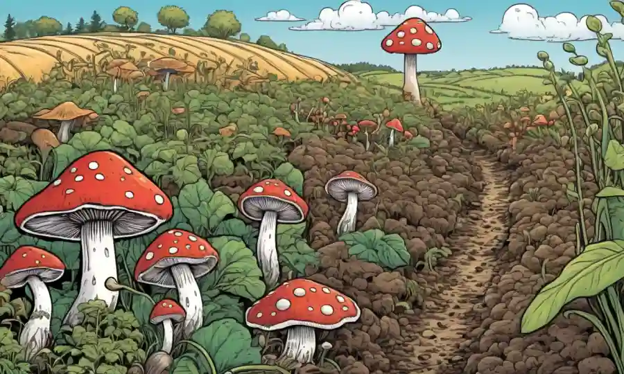 Setas creciendo en medio de cultivos, rodeados de ilustraciones de microorganismos de suelo.