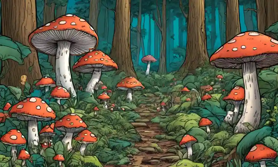 Bosques con hongos, destacando su importancia ecológica en medio de una mezcla de árboles y naturaleza.