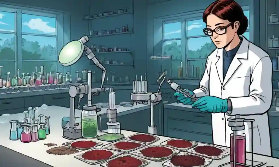 Una persona que examina muestras fúngicas con equipo en un laboratorio científico.