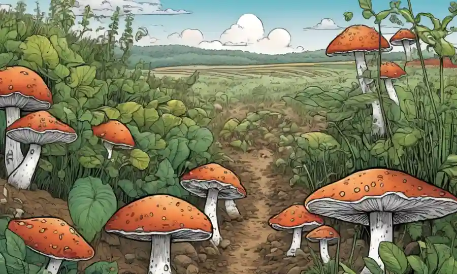 Fungi interacting with plants in a agricultural ecosystem, highlighting their ecological role.