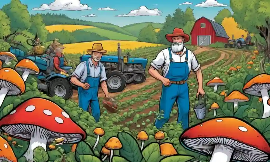 Los agricultores rodeados de hongos y cultivos