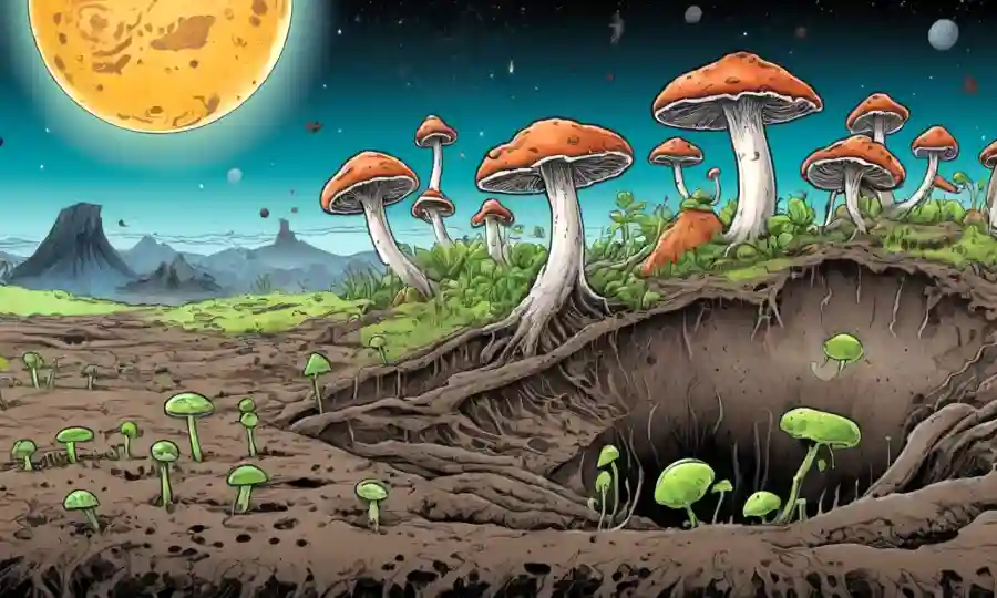 Fungi brotando de suelo contaminado con un planeta verde en el fondo.