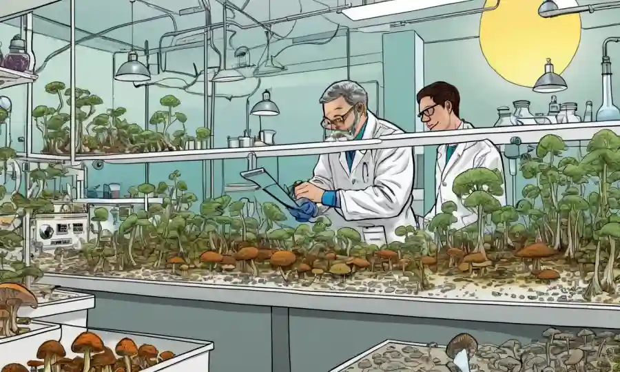Investigadores que estudian hongos en entornos de laboratorio con diagramas inspirados en la naturaleza.