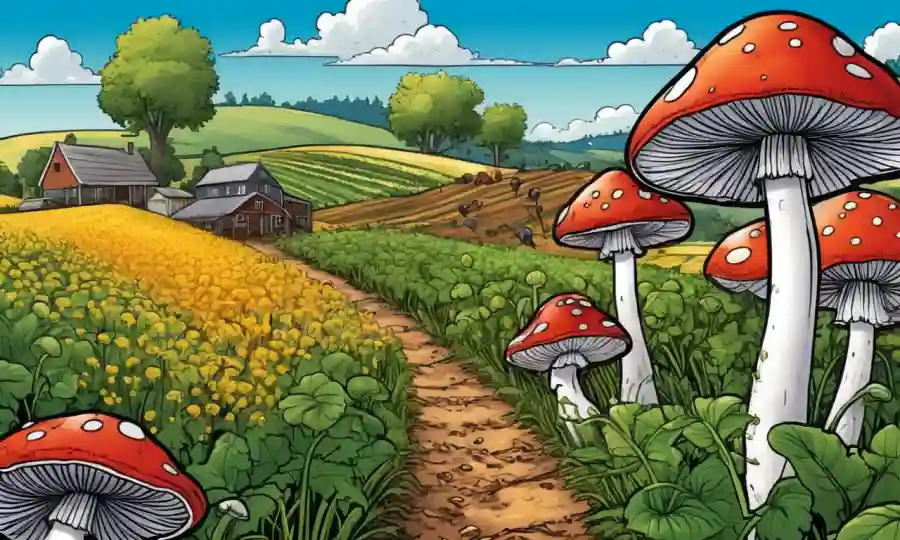 Setas que crecen entre cultivos orgánicos en un paisaje de granja soleado.