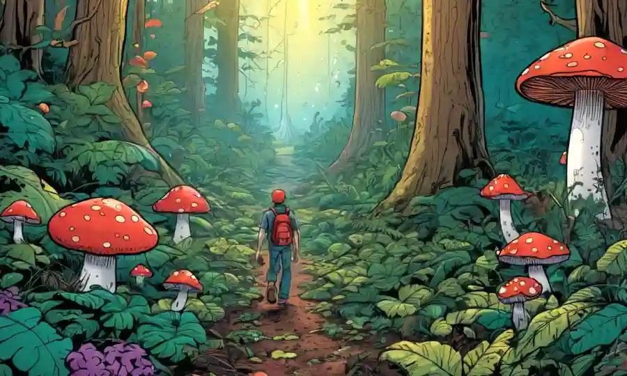 Una persona que explora un exuberante suelo forestal en medio de hongos vibrantes.
