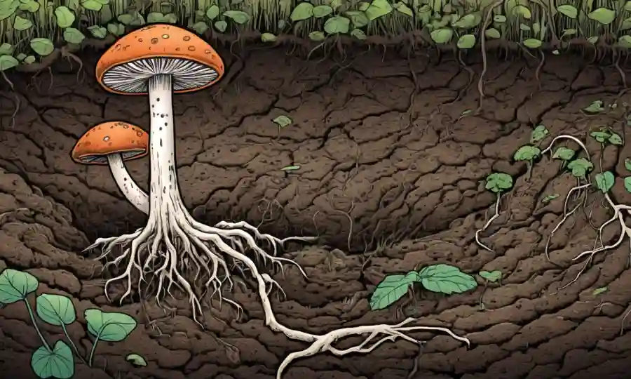 Fungi creciendo en suelo con raíces y plantas cercanas, destacando las conexiones de los ecosistemas.