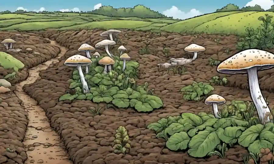 Fungi creciendo en diversos entornos agrícolas con interacciones de los ecosistemas del suelo.