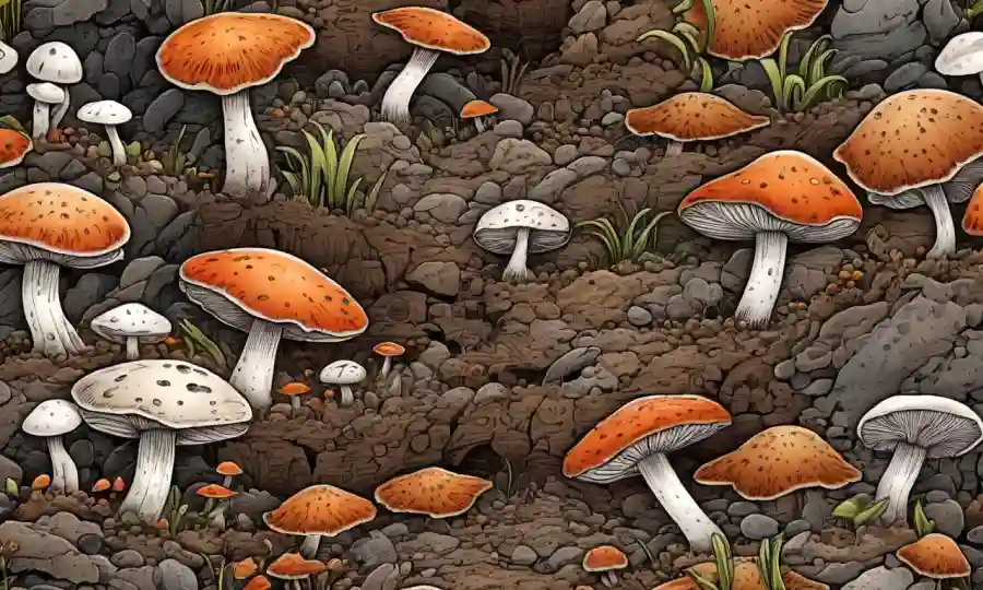 Fungi creciendo en medio de diversas texturas del suelo con detalles intrincados.