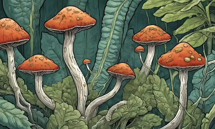 Una ilustración con hongos microscópicos que crecen dentro de los tejidos vegetales, destacando sus relaciones simbióticas y su papel como indicadores.
