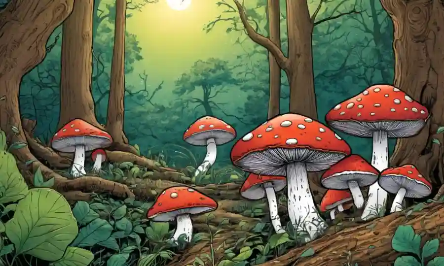 Setas creciendo simbióticamente entre los árboles