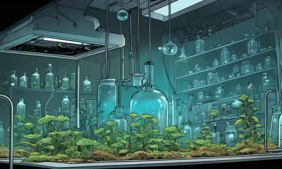 Un entorno de laboratorio con varias etapas de crecimiento de hongos bajo condiciones de humedad controladas.