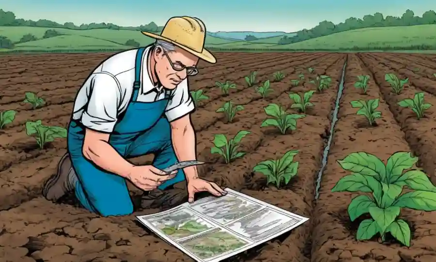 Experto agrícola examina muestras de suelo y diagramas en un entorno de campo.