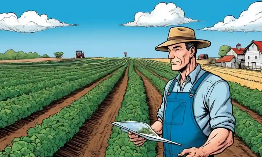 Granjero inspeccionando cultivos en un campo de cultivo bajo cielo azul claro.